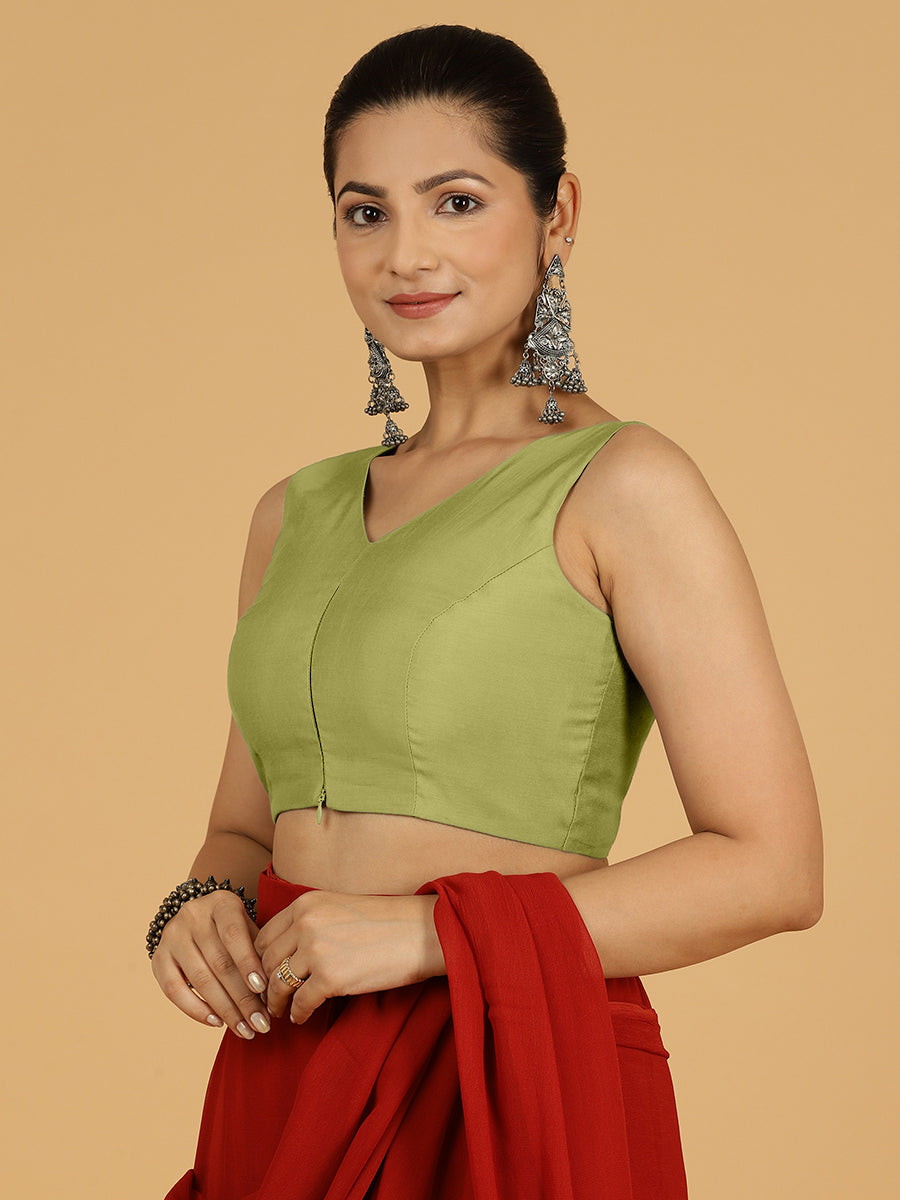 Hema x Rozaana Saree Blouse, in Green Viscose, featuring sleeveless and v-neckline, made for daily & work (view 7).