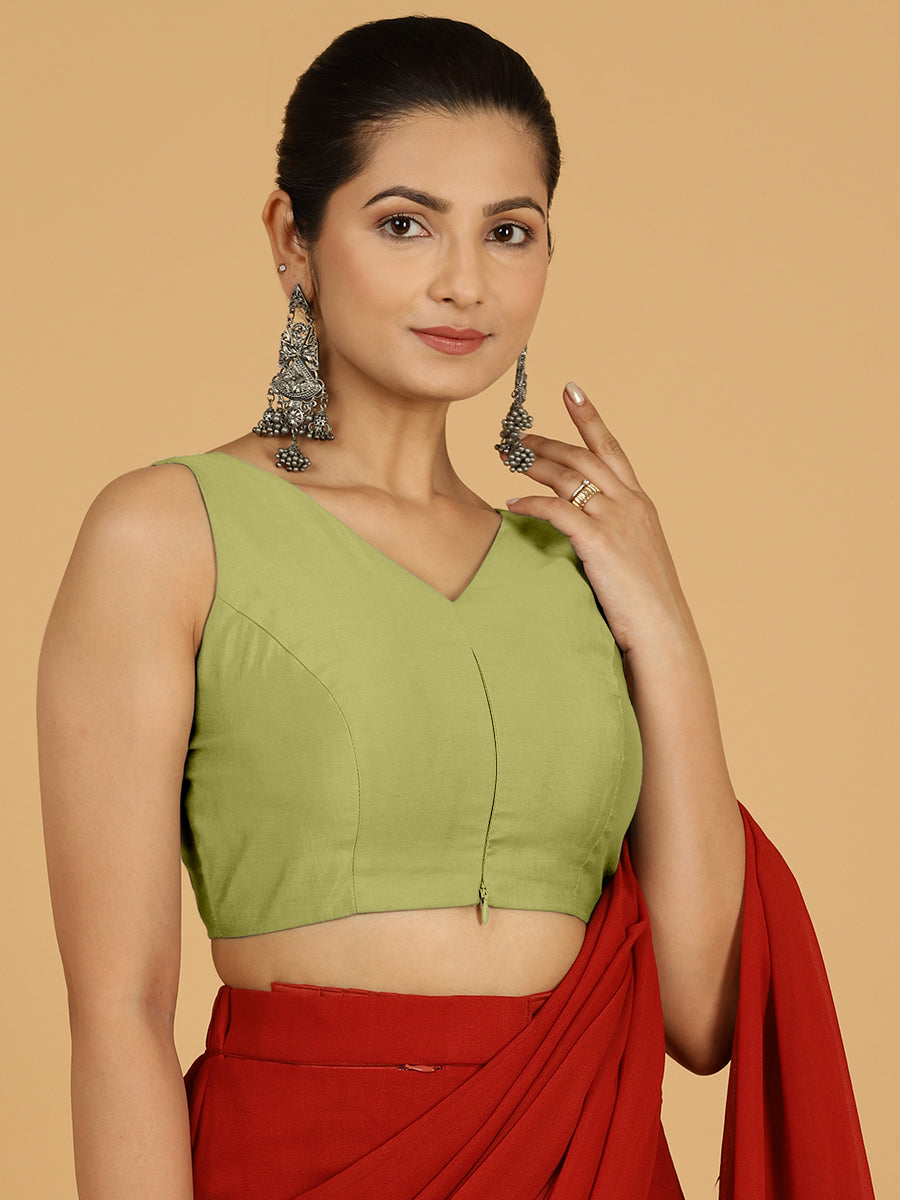 Hema x Rozaana Saree Blouse, in Green Viscose, featuring sleeveless and v-neckline, made for daily & work (view 8).