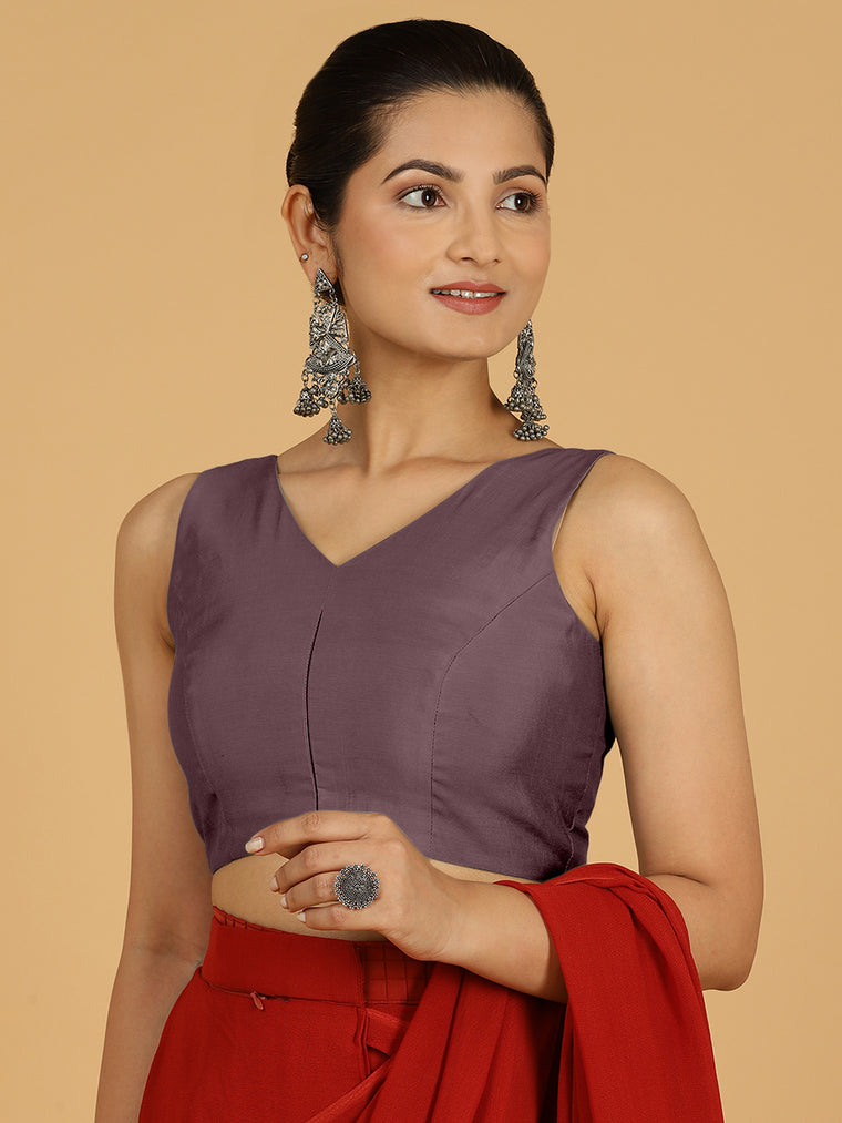 Hema x Rozaana Saree Blouse, in Purple Viscose, featuring sleeveless and v-neckline, made for daily & work.
