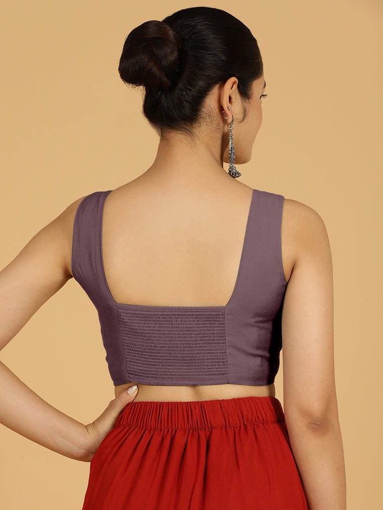 Hema x Rozaana Saree Blouse, in Purple Viscose, featuring sleeveless and v-neckline, made for daily & work (view 2).