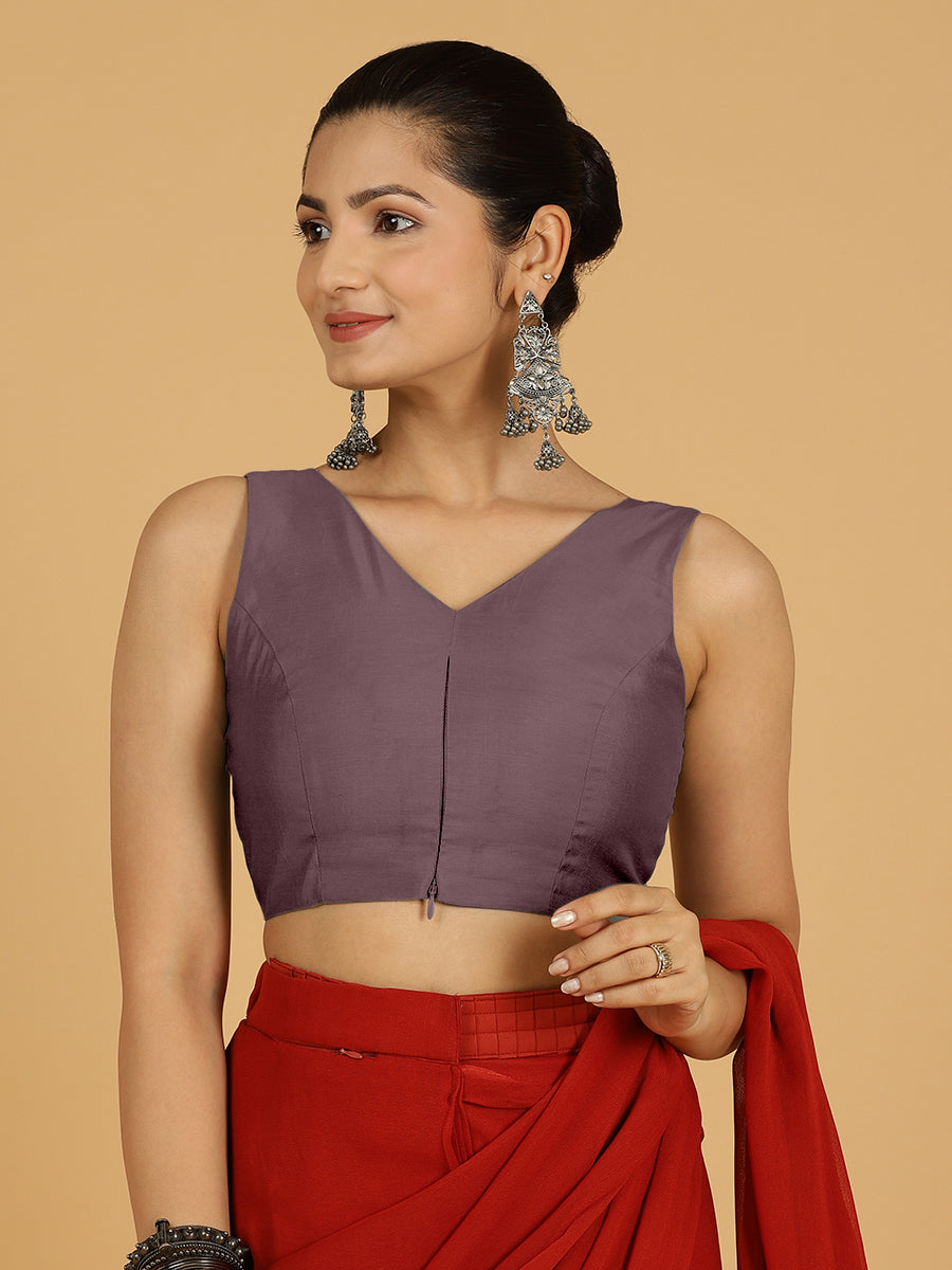 Hema x Rozaana Saree Blouse, in Purple Viscose, featuring sleeveless and v-neckline, made for daily & work (view 5).