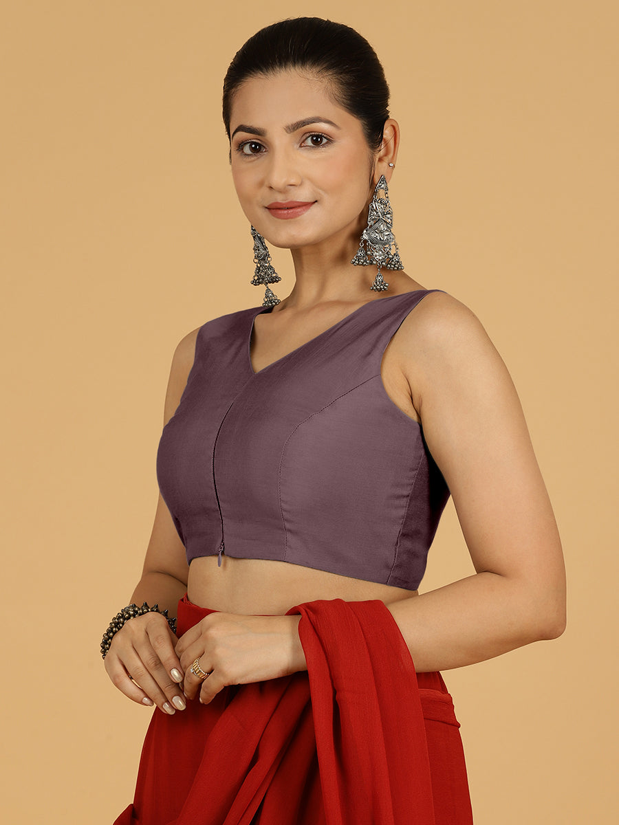 Hema x Rozaana Saree Blouse, in Purple Viscose, featuring sleeveless and v-neckline, made for daily & work (view 6).