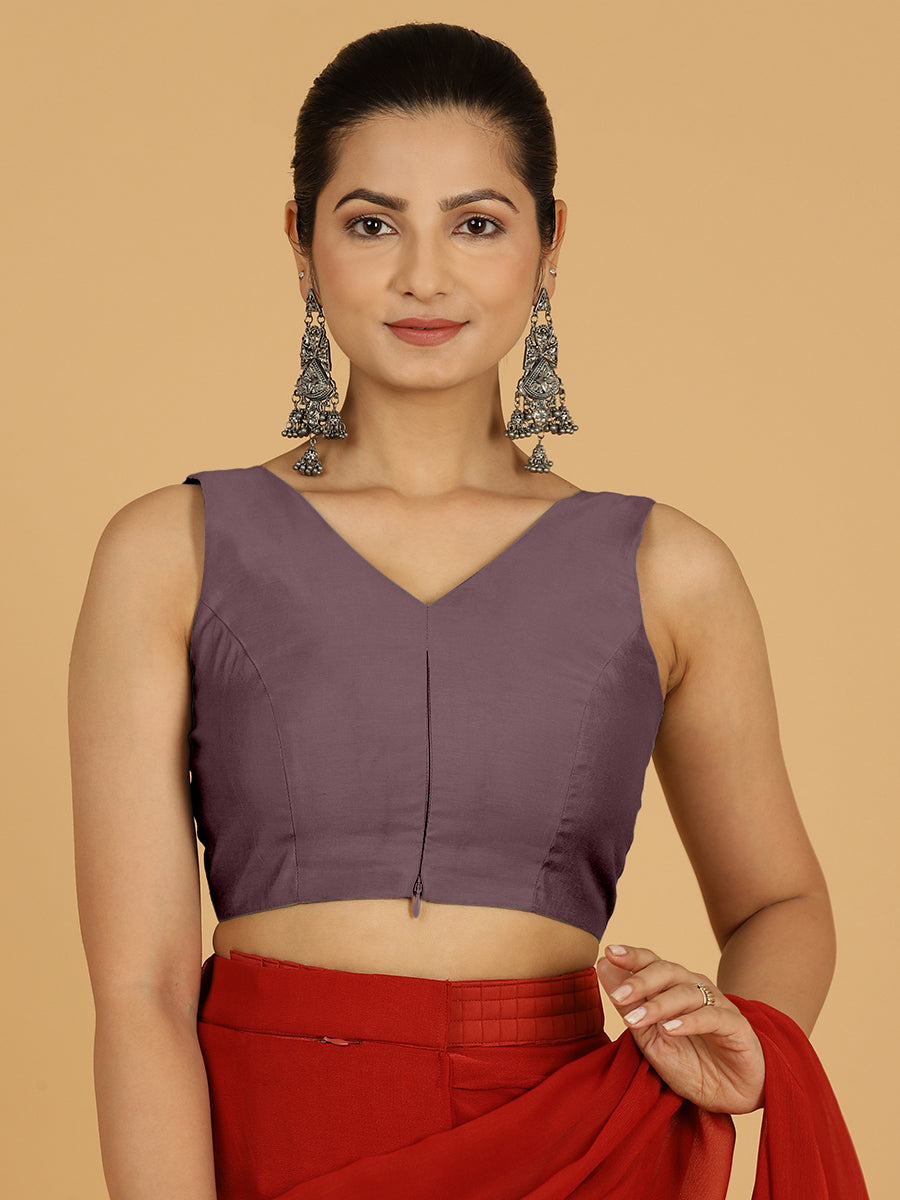 Hema x Rozaana Saree Blouse, in Purple Viscose, featuring sleeveless and v-neckline, made for daily & work (view 8).
