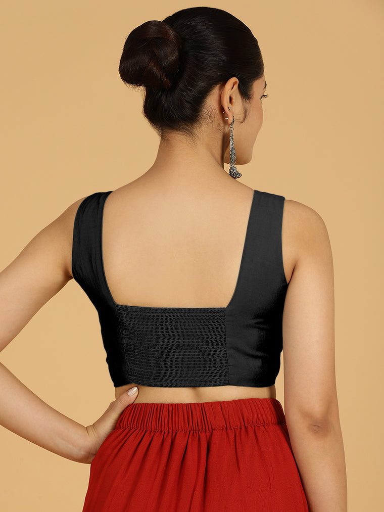 Hema x Rozaana Saree Blouse, in Black Viscose, featuring sleeveless and v-neckline, made for daily & work (view 2).