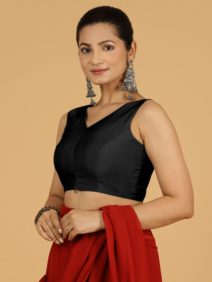 Hema x Rozaana Saree Blouse, in Black Viscose, featuring sleeveless and v-neckline, made for daily & work (view 6).
