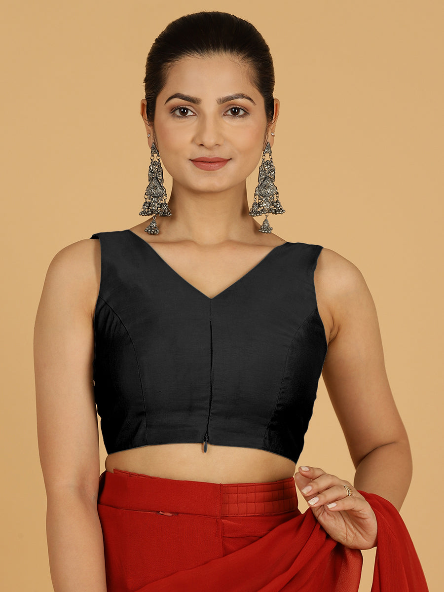 Hema x Rozaana Saree Blouse, in Black Viscose, featuring sleeveless and v-neckline, made for daily & work (view 8).