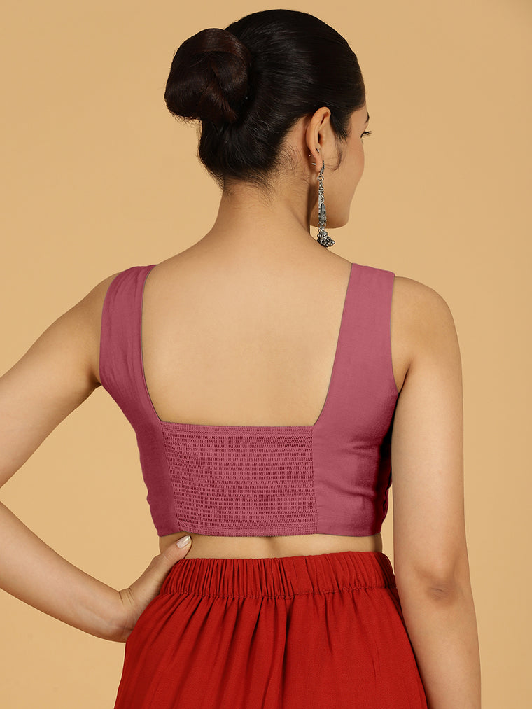 Hema x Rozaana Saree Blouse, in Pink Viscose, featuring sleeveless and v-neckline, made for daily & work (view 2).
