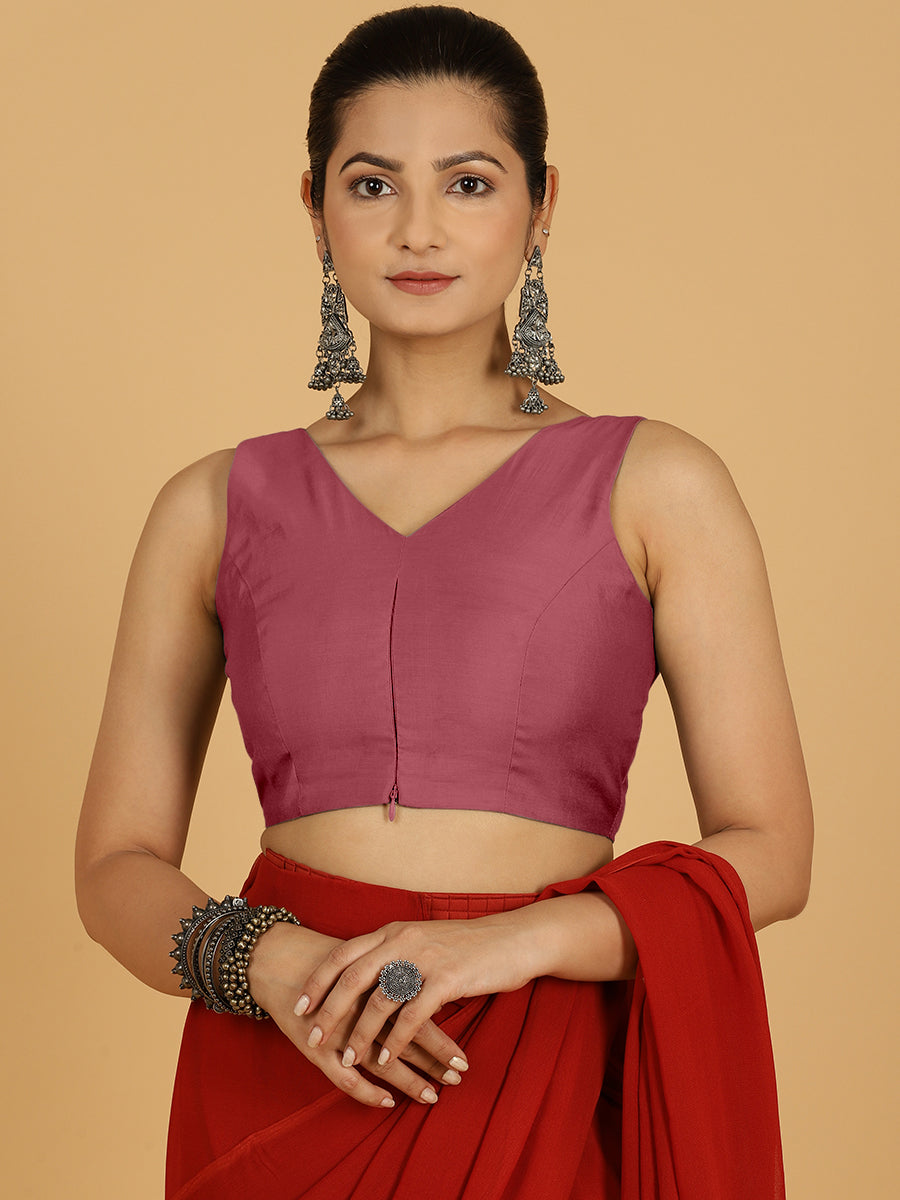 Hema x Rozaana Saree Blouse, in Pink Viscose, featuring sleeveless and v-neckline, made for daily & work (view 5).