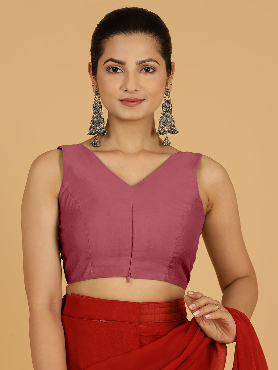 Hema x Rozaana Saree Blouse, in Pink Viscose, featuring sleeveless and v-neckline, made for daily & work (view 8).