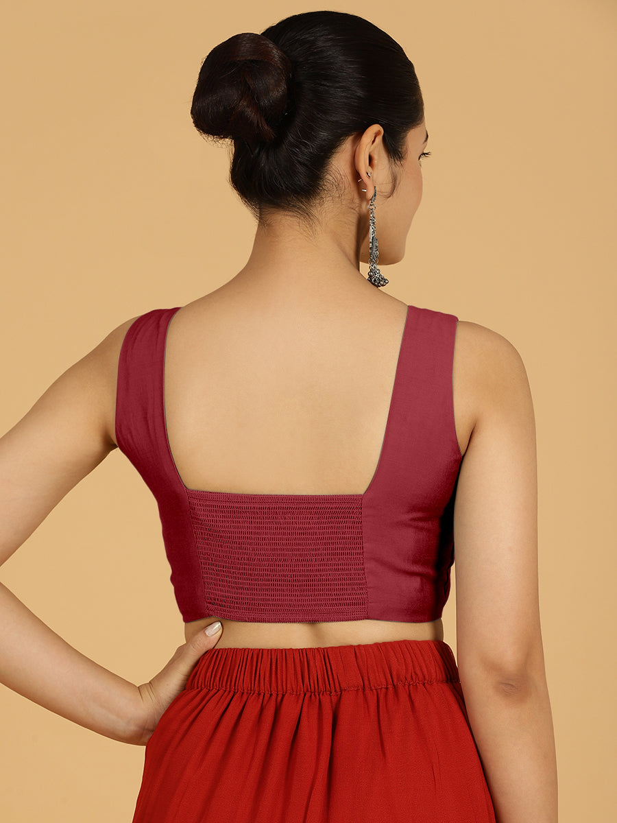 Hema x Rozaana Saree Blouse, in Red Viscose, featuring sleeveless and v-neckline, made for daily & work (view 2).