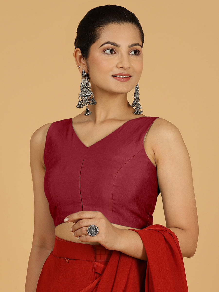 Hema x Rozaana Saree Blouse, in Red Viscose, featuring sleeveless and v-neckline, made for daily & work (view 4).