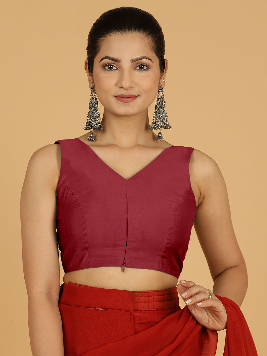 Hema x Rozaana Saree Blouse, in Red Viscose, featuring sleeveless and v-neckline, made for daily & work (view 8).
