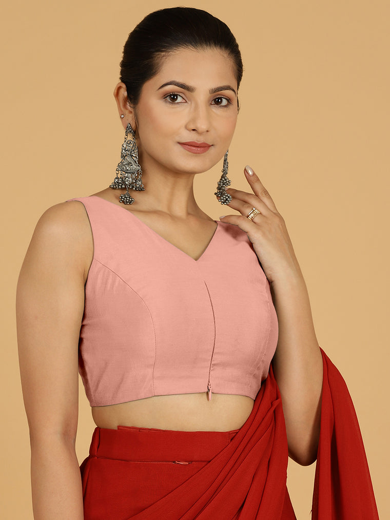 Hema x Rozaana Saree Blouse, in Pink Viscose, featuring sleeveless and v-neckline, made for daily & work.