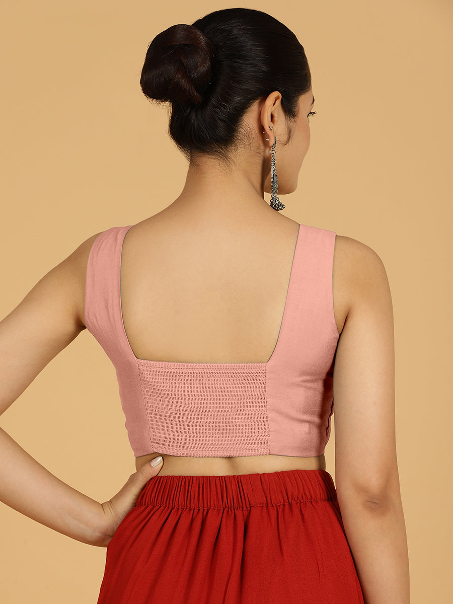 Hema x Rozaana Saree Blouse, in Pink Viscose, featuring sleeveless and v-neckline, made for daily & work (view 2).