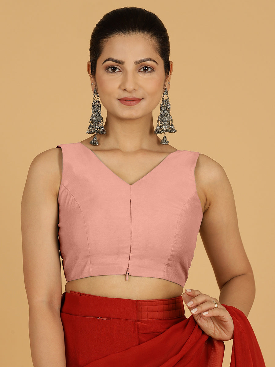 Hema x Rozaana Saree Blouse, in Pink Viscose, featuring sleeveless and v-neckline, made for daily & work (view 8).