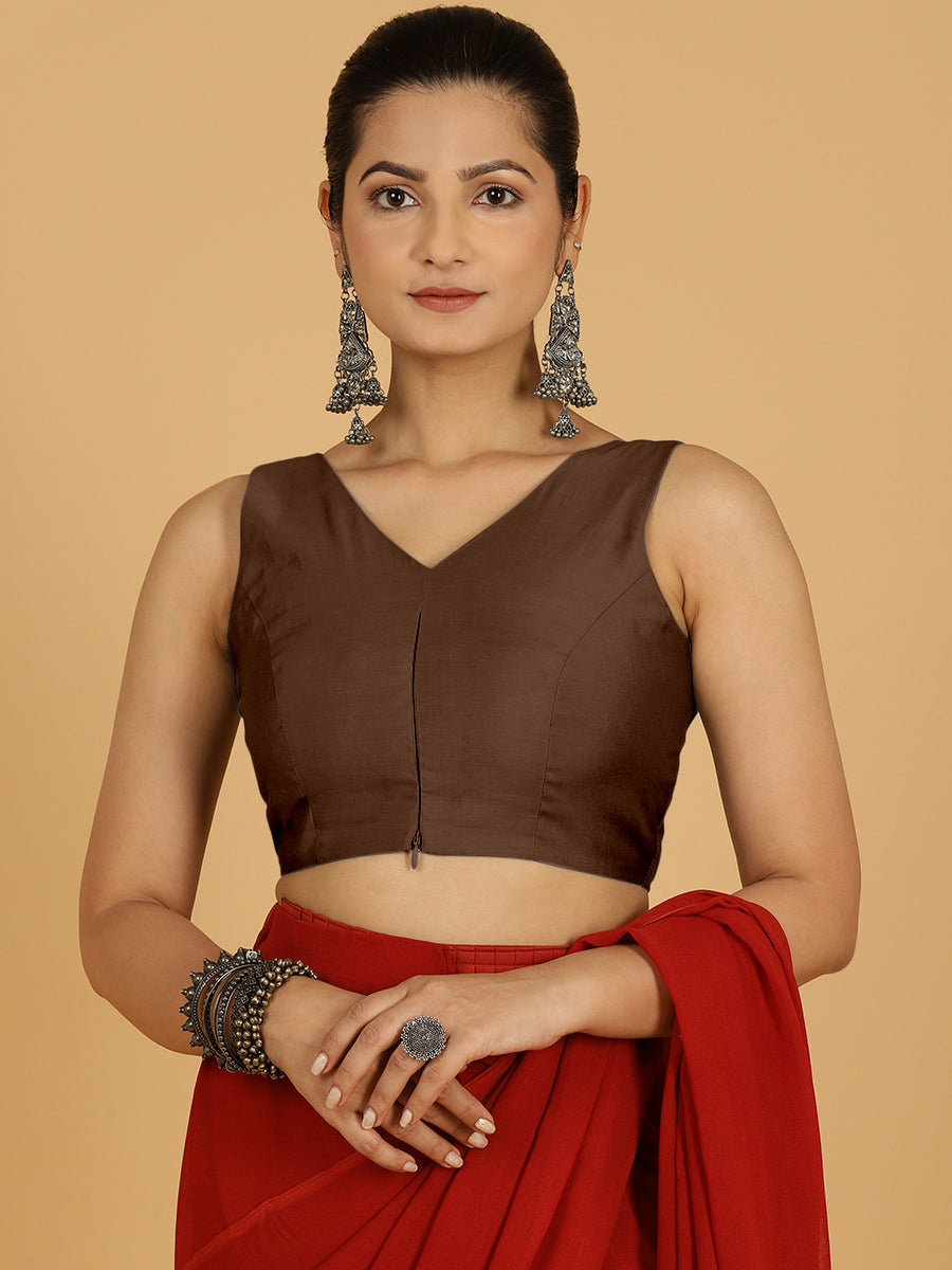 Hema x Rozaana Saree Blouse, in Brown Viscose, featuring sleeveless and v-neckline, made for daily & work (view 5).