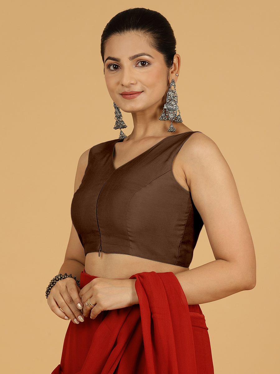 Hema x Rozaana Saree Blouse, in Brown Viscose, featuring sleeveless and v-neckline, made for daily & work (view 7).