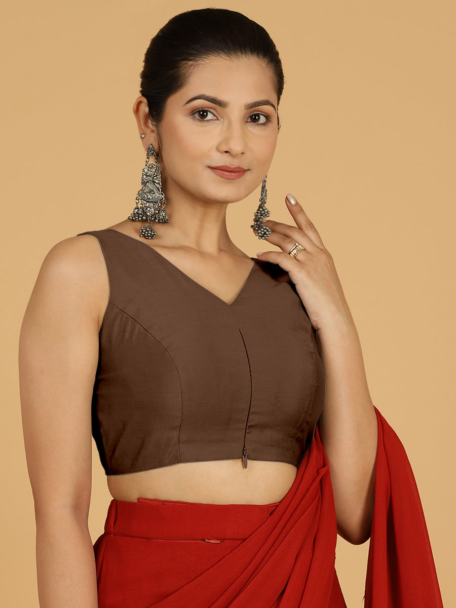 Hema x Rozaana Saree Blouse, in Brown Viscose, featuring sleeveless and v-neckline, made for daily & work (view 8).