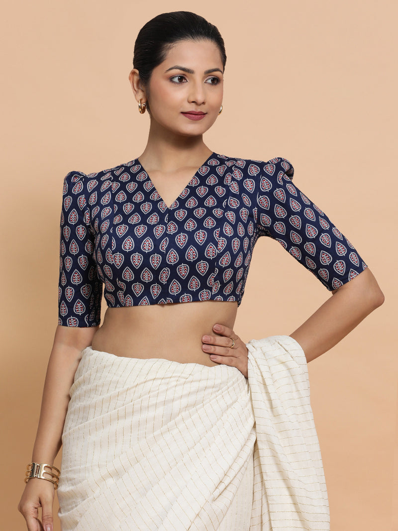 Hina x Rozaana | Elbow Sleeves Cotton Saree Blouse in Indigo Blue Spade Block Print Fabric-Binks