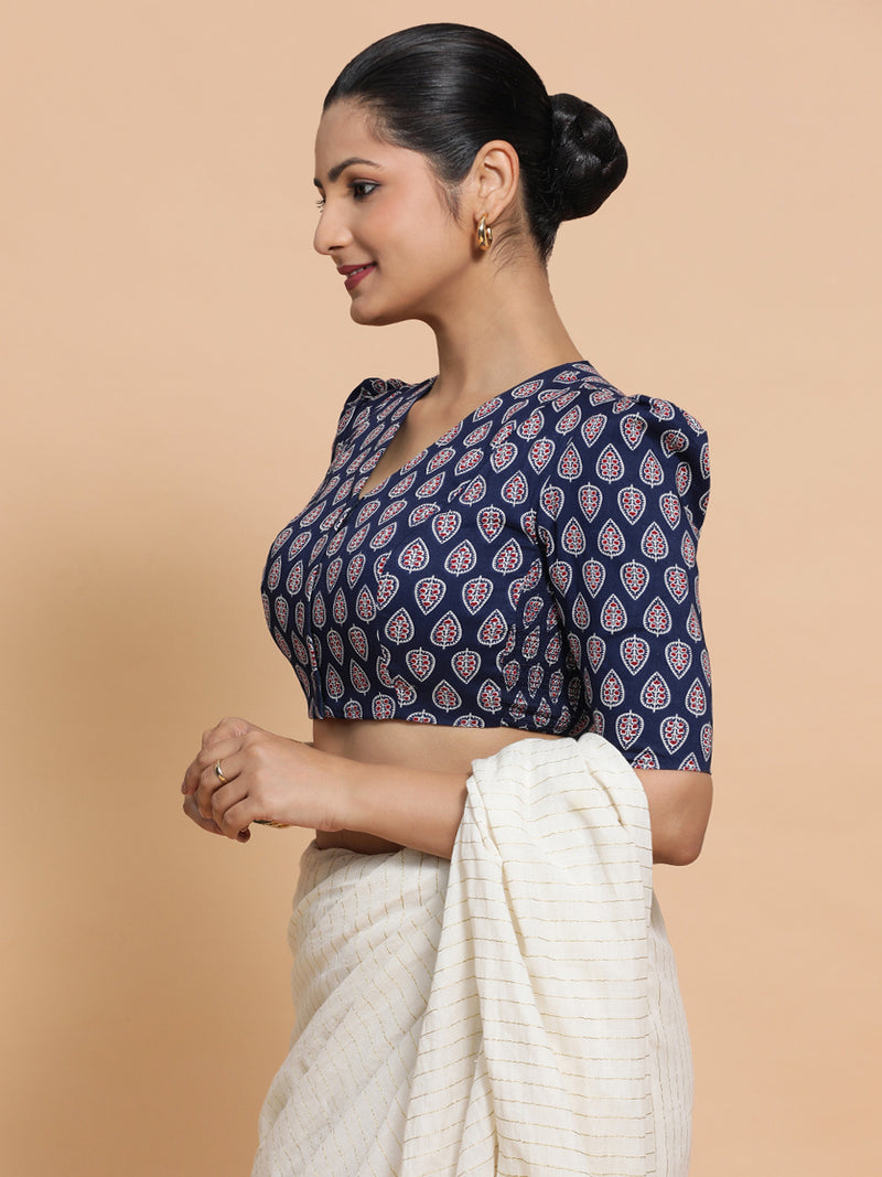 Hina x Rozaana | Elbow Sleeves Cotton Saree Blouse in Indigo Blue Spade Block Print Fabric-Binks