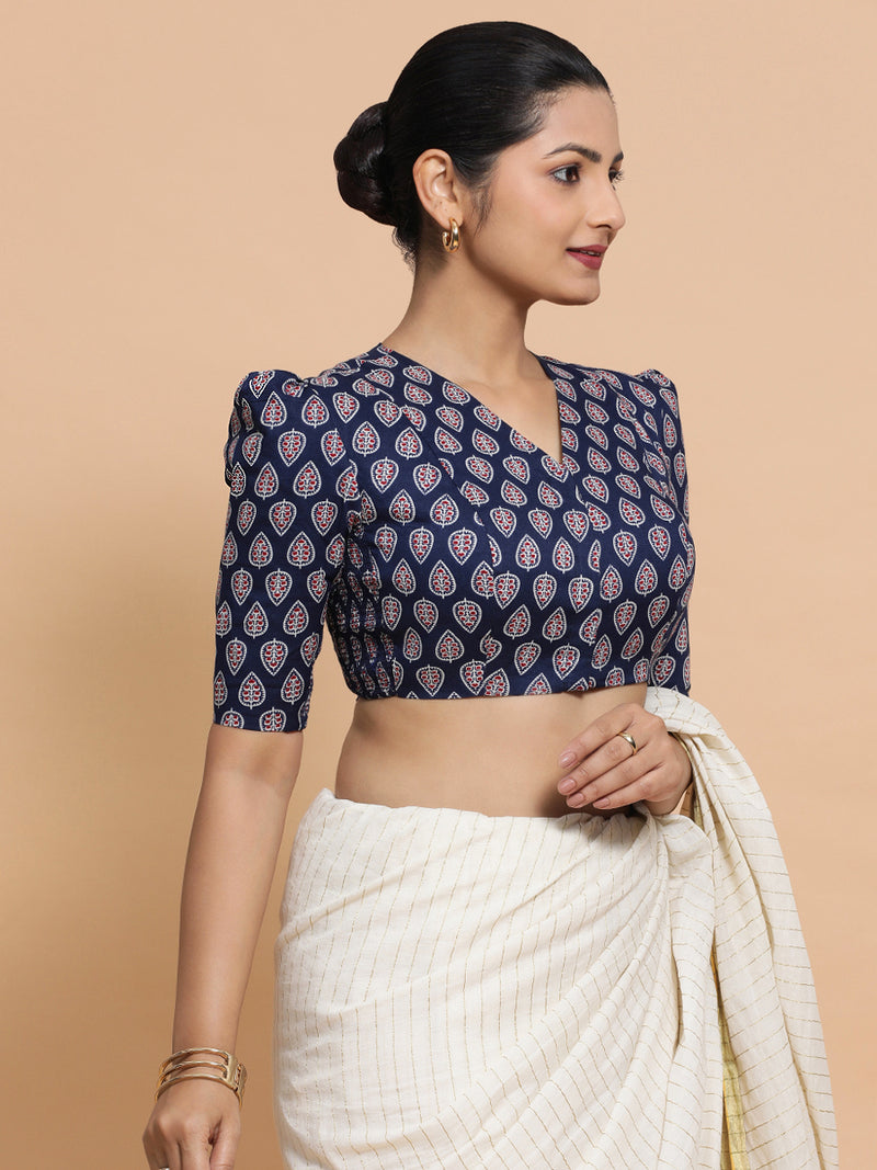Hina x Rozaana | Elbow Sleeves Cotton Saree Blouse in Indigo Blue Spade Block Print Fabric-Binks