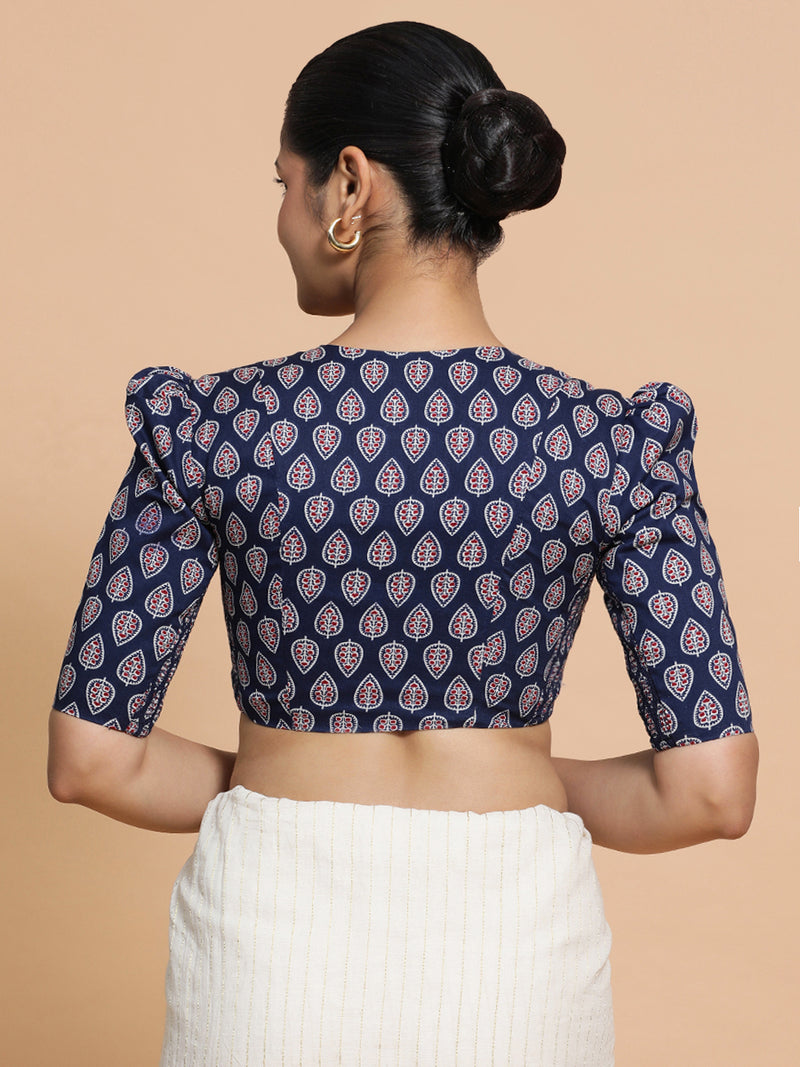 Hina x Rozaana | Elbow Sleeves Cotton Saree Blouse in Indigo Blue Spade Block Print Fabric-Binks