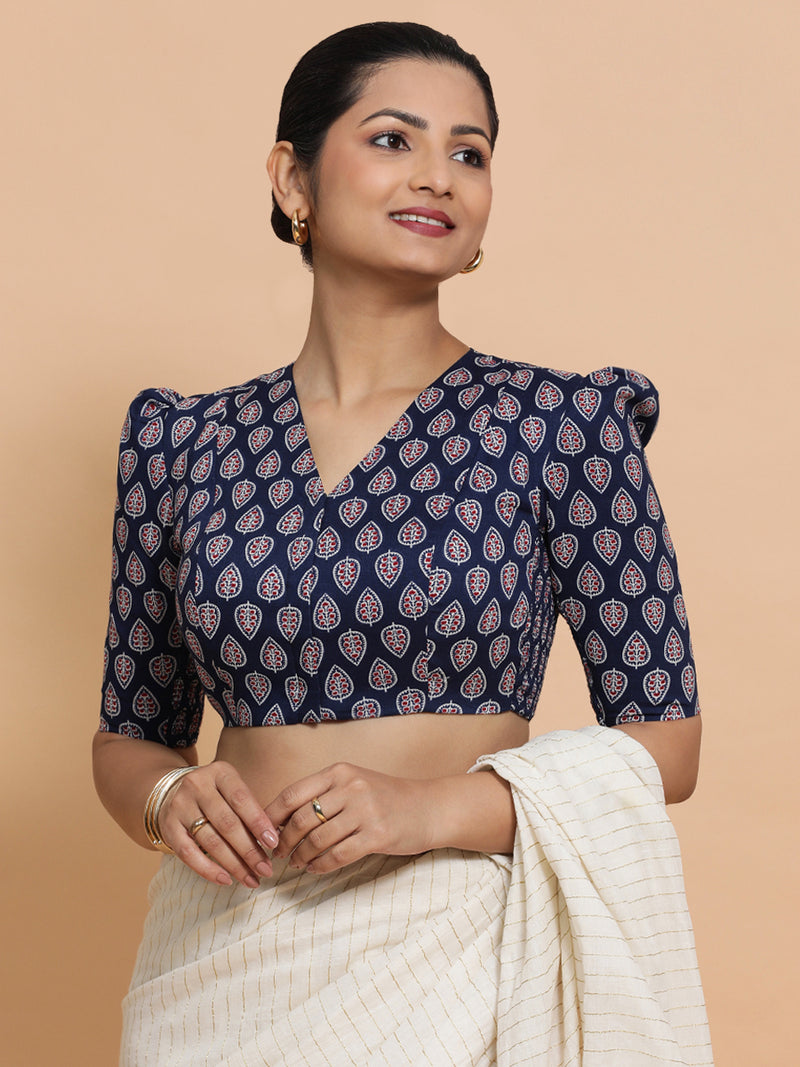 Hina x Rozaana | Elbow Sleeves Cotton Saree Blouse in Indigo Blue Spade Block Print Fabric-Binks
