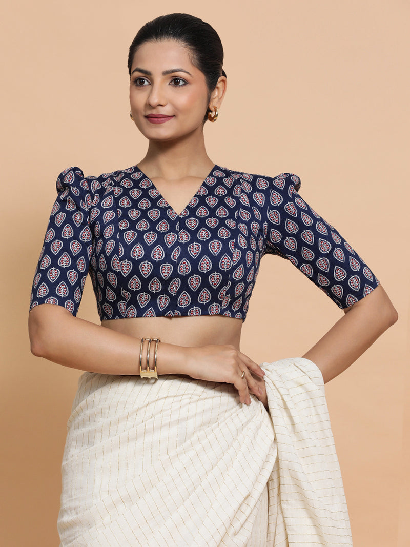 Hina x Rozaana | Elbow Sleeves Cotton Saree Blouse in Indigo Blue Spade Block Print Fabric-Binks