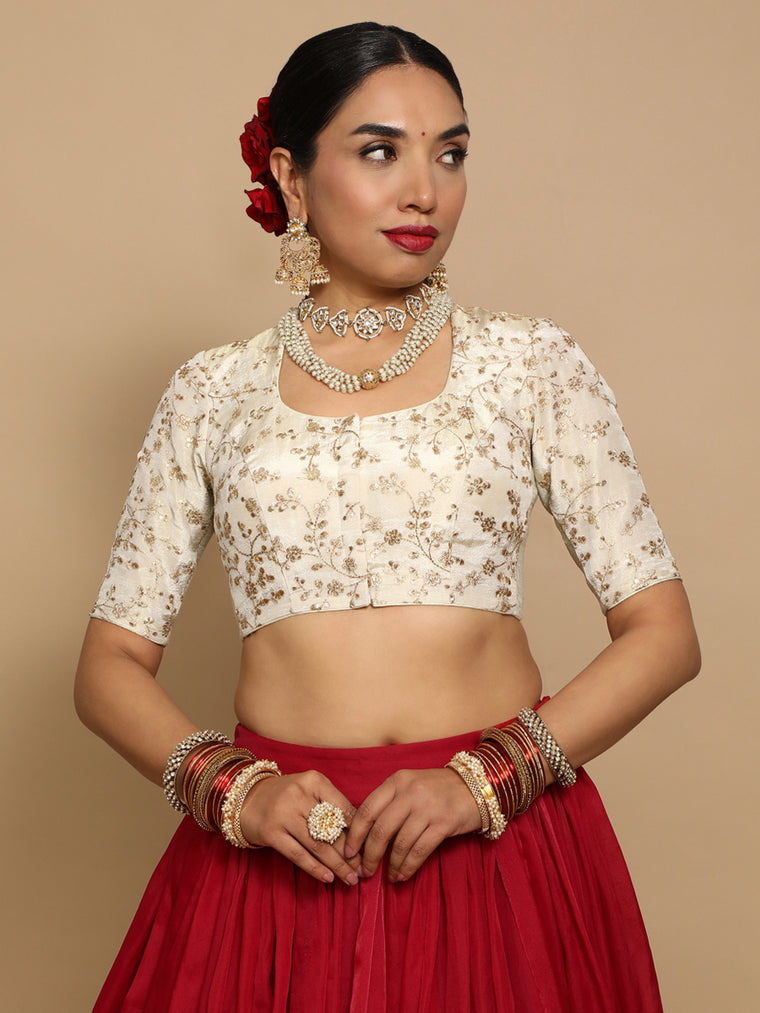 Hiral x Tyohaar Saree Blouse, in Cream Embroidery & Brocade, featuring elbow sleeves and pot neckline.