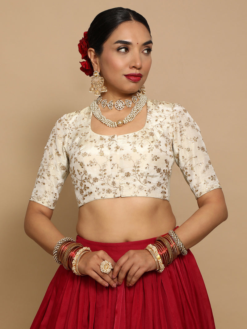 Hiral x Tyohaar | Elbow Sleeves Satin Viscose Saree Blouse in Gold Vine Embroidery on Cream Tissue Fabric-Binks
