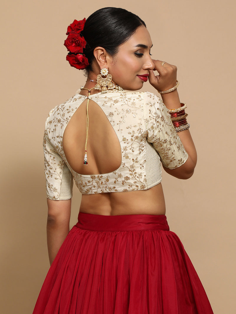 Hiral x Tyohaar | Elbow Sleeves Satin Viscose Saree Blouse in Gold Vine Embroidery on Cream Tissue Fabric-Binks