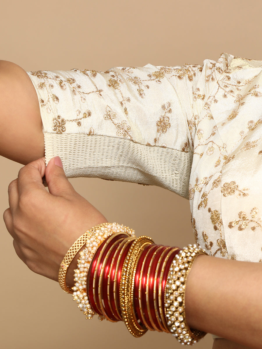 Hiral x Tyohaar Saree Blouse, in Cream Embroidery & Brocade, featuring elbow sleeves and pot neckline (view 4).
