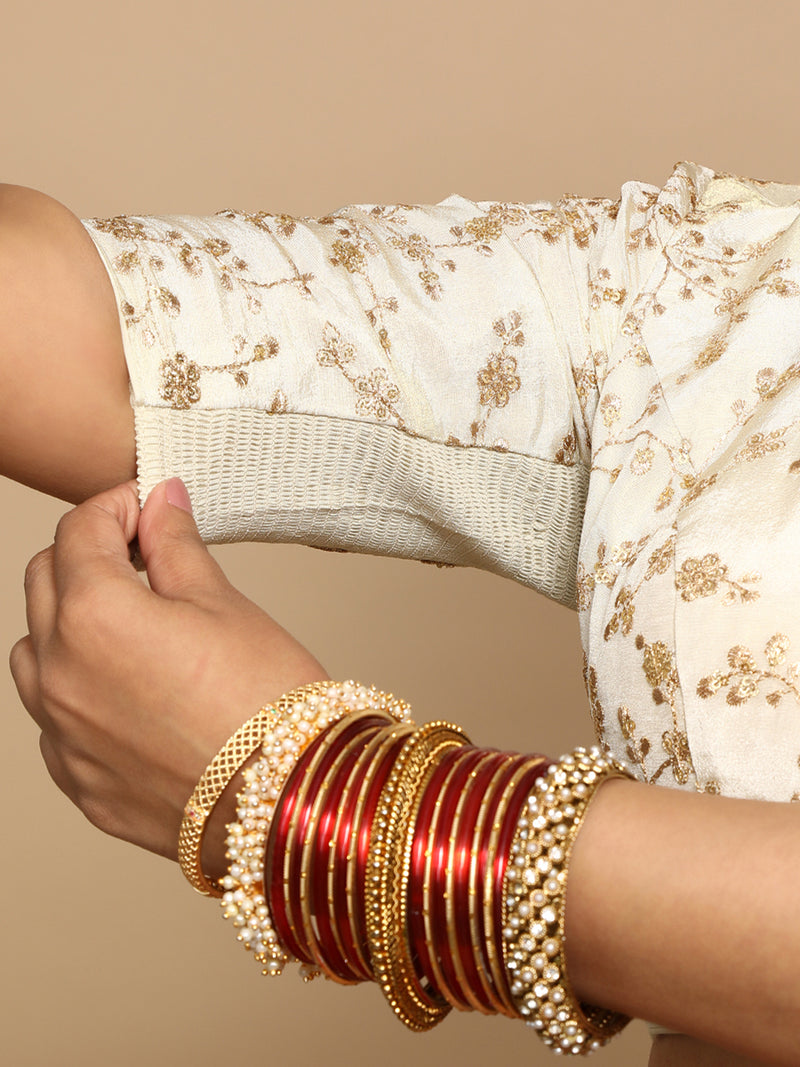Hiral x Tyohaar | Elbow Sleeves Satin Viscose Saree Blouse in Gold Vine Embroidery on Cream Tissue Fabric-Binks