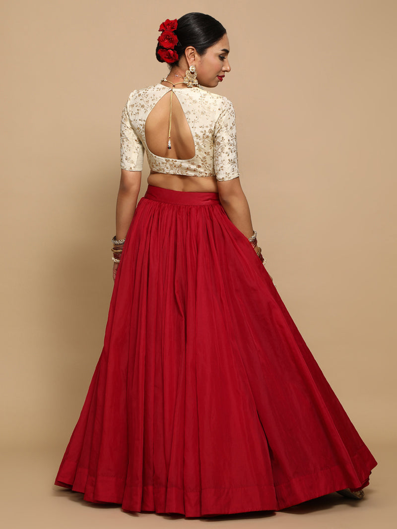 Hiral x Tyohaar | Elbow Sleeves Satin Viscose Saree Blouse in Gold Vine Embroidery on Cream Tissue Fabric-Binks