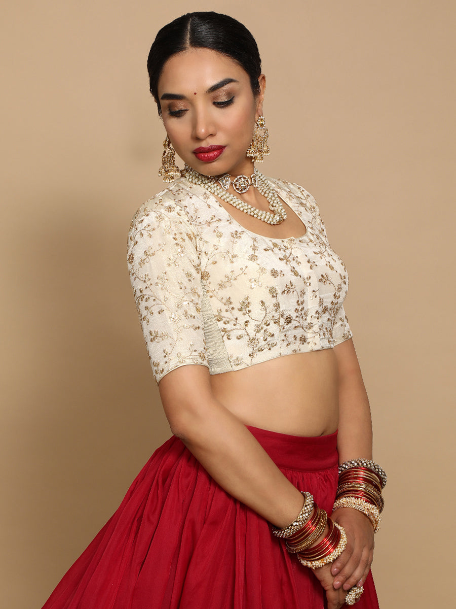 Hiral x Tyohaar Saree Blouse, in Cream Embroidery & Brocade, featuring elbow sleeves and pot neckline (view 7).