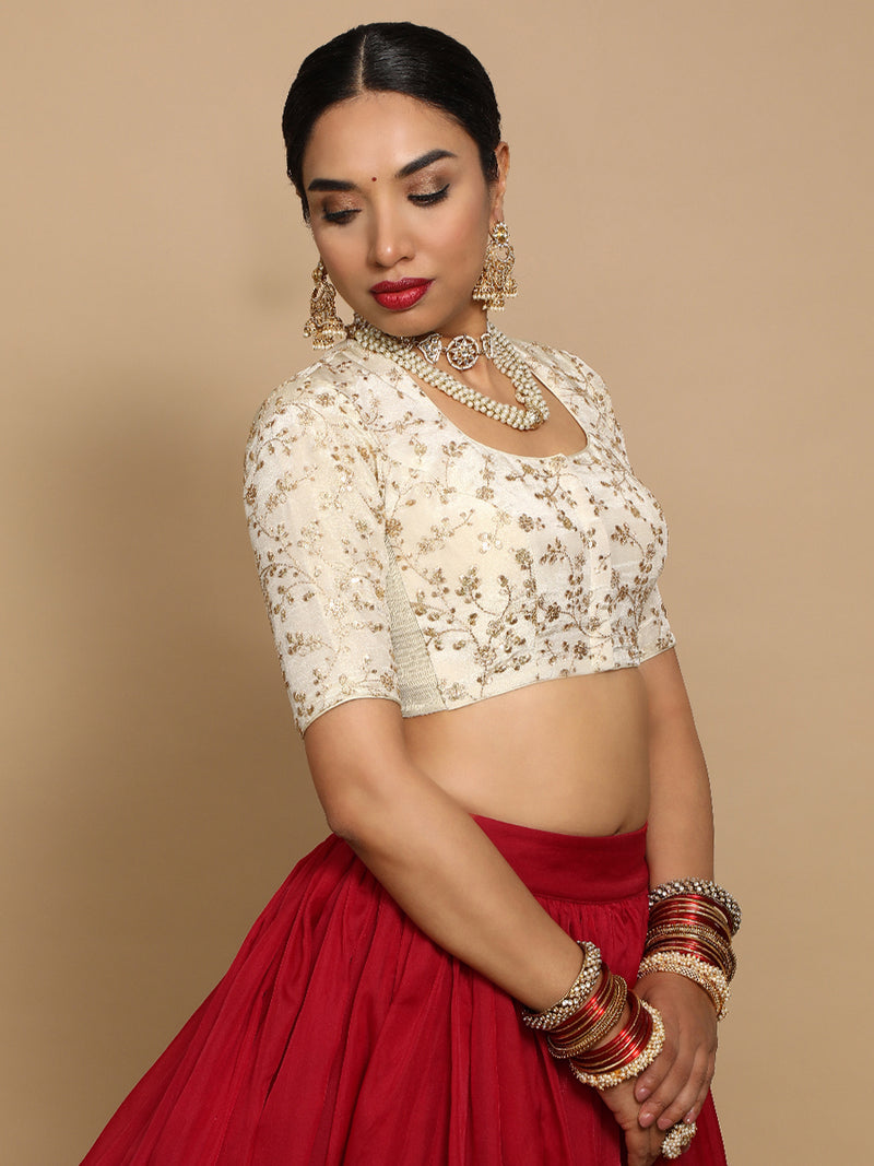 Hiral x Tyohaar | Elbow Sleeves Satin Viscose Saree Blouse in Gold Vine Embroidery on Cream Tissue Fabric-Binks