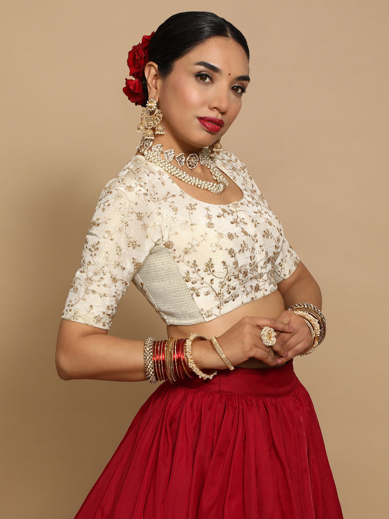 Hiral x Tyohaar | Elbow Sleeves Satin Viscose Saree Blouse in Gold Vine Embroidery on Cream Tissue Fabric-Binks