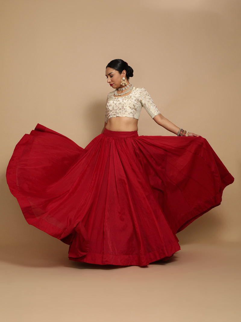 Hiral x Tyohaar | Elbow Sleeves Satin Viscose Saree Blouse in Gold Vine Embroidery on Cream Tissue Fabric-Binks