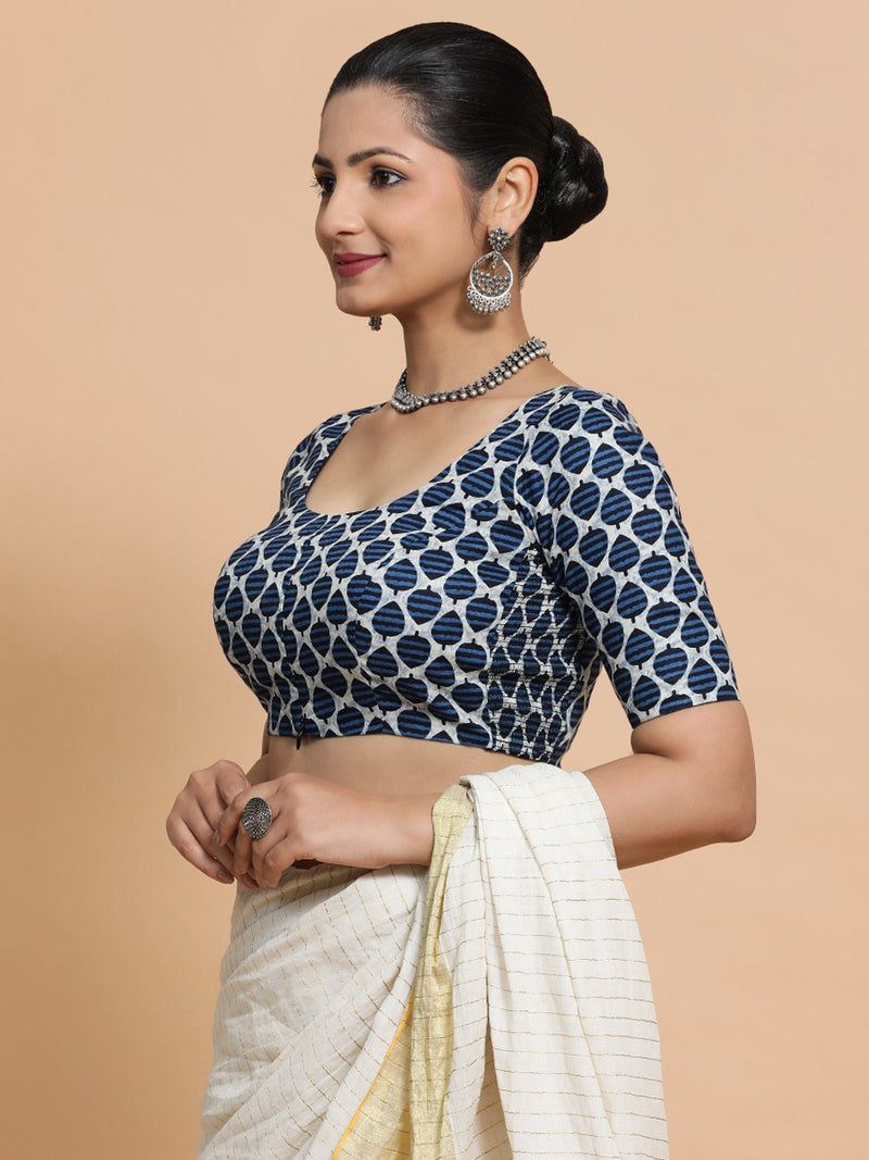 Hita x Rozaana | Elbow Sleeves Cotton Saree Blouse in Indigo Blue Leaf Block Print Fabric-Binks