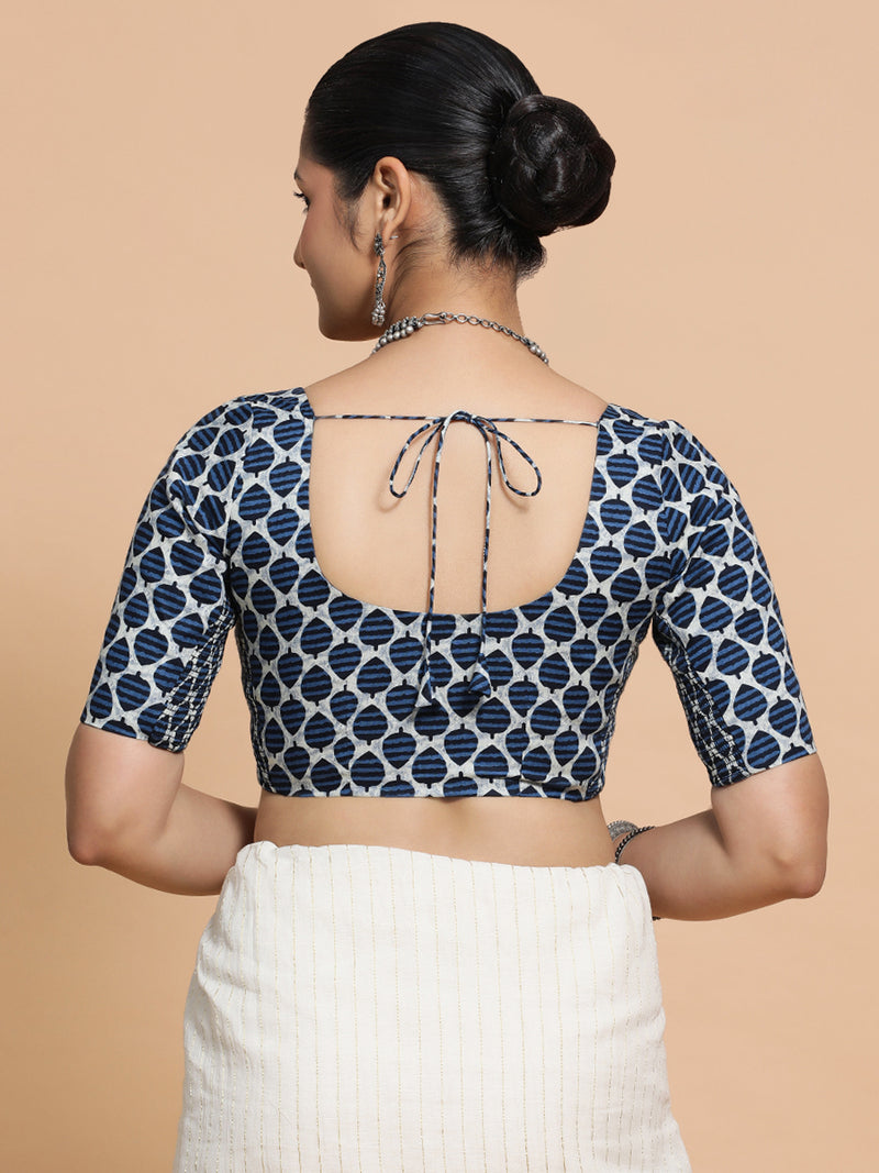Hita x Rozaana | Elbow Sleeves Cotton Saree Blouse in Indigo Blue Leaf Block Print Fabric-Binks