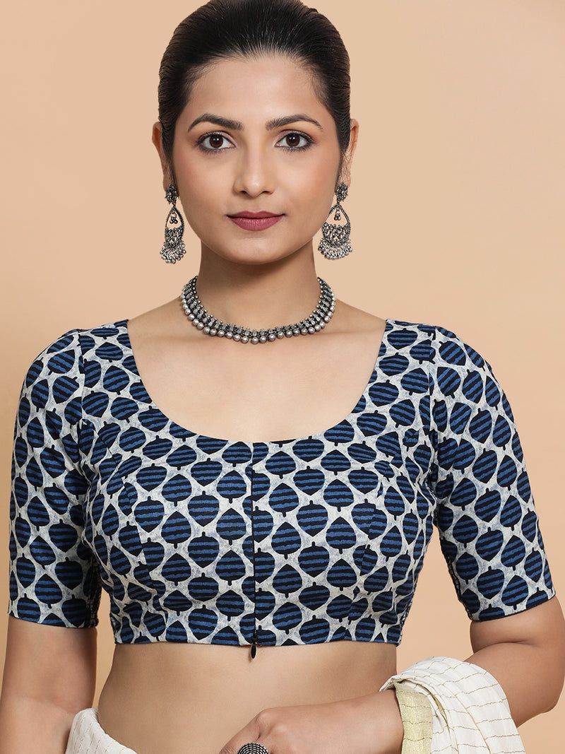 Hita x Rozaana | Elbow Sleeves Cotton Saree Blouse in Indigo Blue Leaf Block Print Fabric-Binks