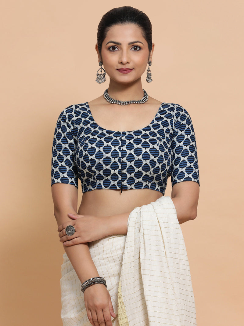 Hita x Rozaana | Elbow Sleeves Cotton Saree Blouse in Indigo Blue Leaf Block Print Fabric-Binks