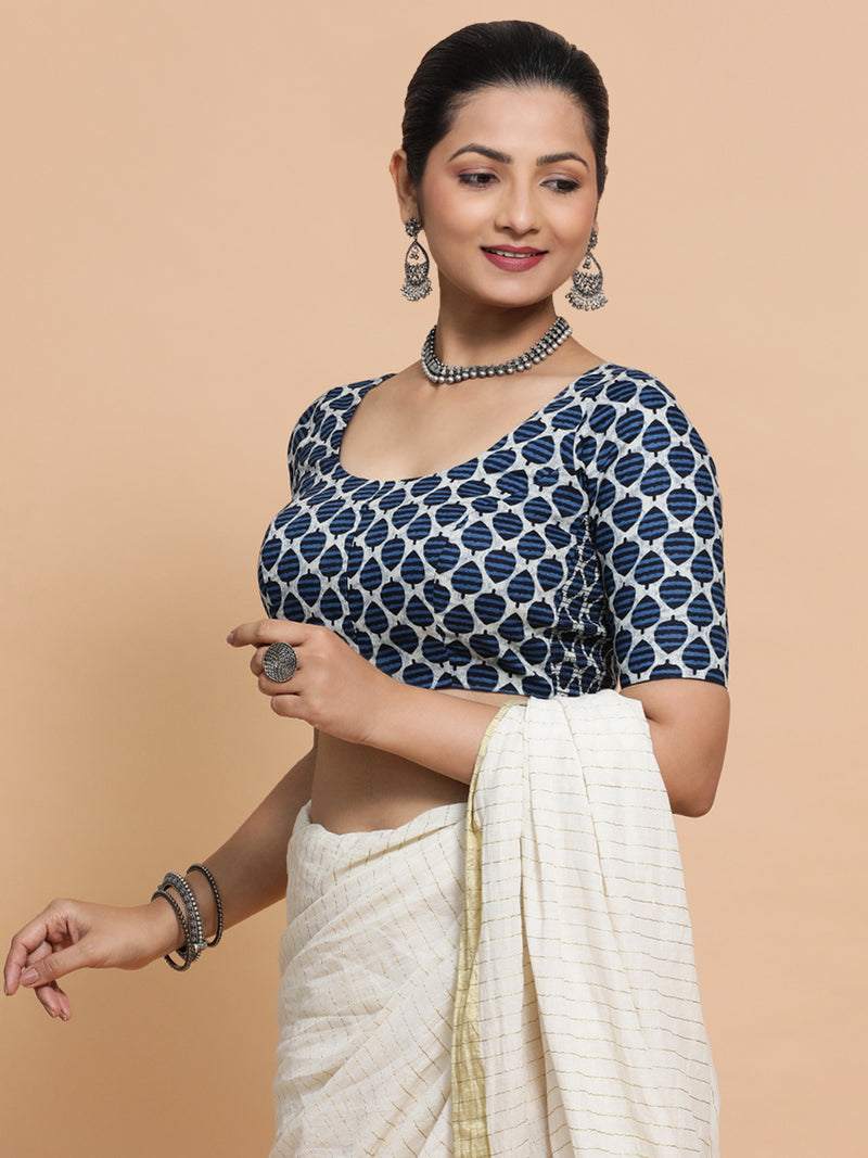 Hita x Rozaana | Elbow Sleeves Cotton Saree Blouse in Indigo Blue Leaf Block Print Fabric-Binks