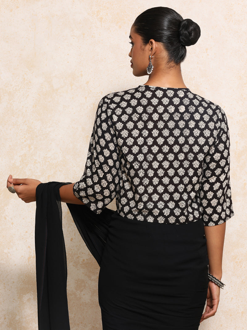 Hiya x Rozaana | Elbow Sleeves Saree Blouse in Black Floral Block Print Cotton-Binks