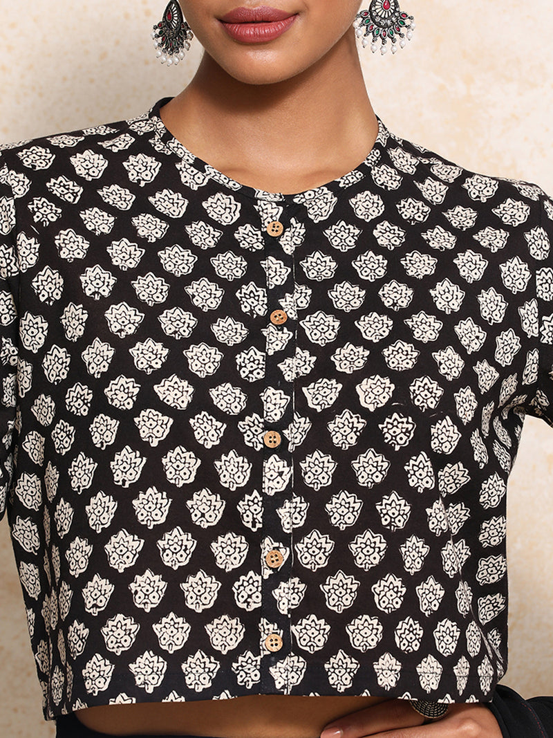 Hiya x Rozaana | Elbow Sleeves Saree Blouse in Black Floral Block Print Cotton-Binks
