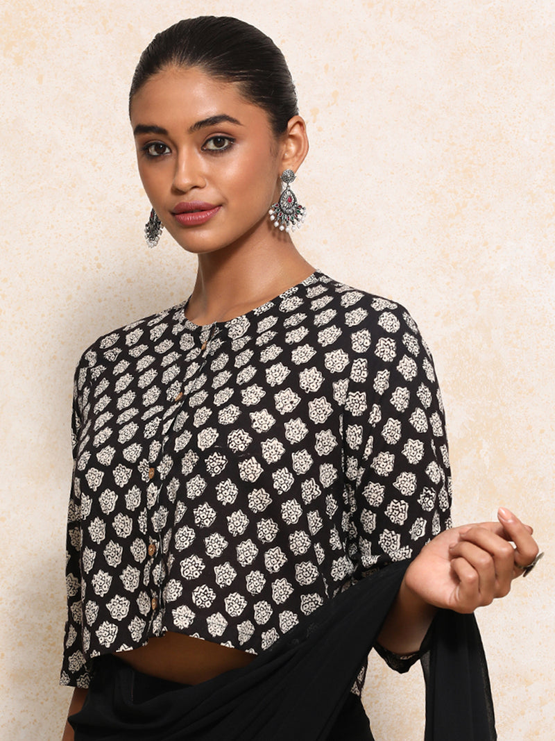 Hiya x Rozaana | Elbow Sleeves Saree Blouse in Black Floral Block Print Cotton-Binks
