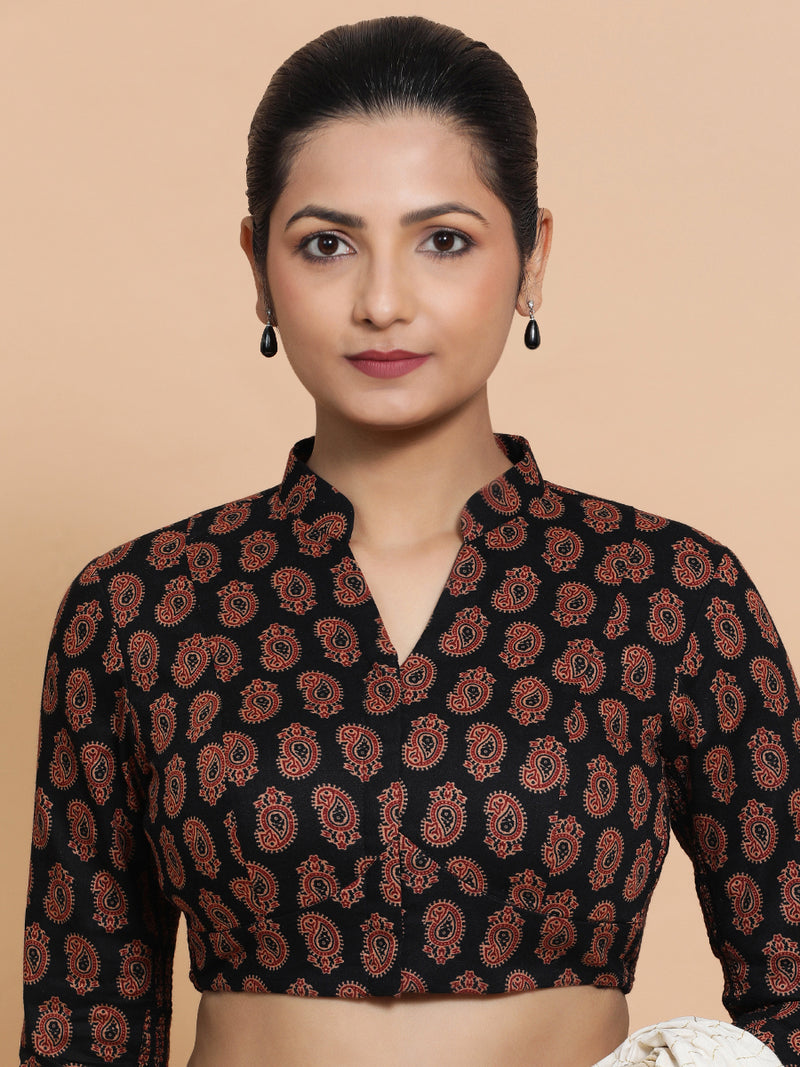 Inaaya x Rozaana | Three Quarter Sleeves Cotton Saree Blouse in Black Mango Block Print Fabric-Binks