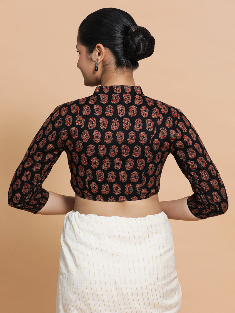 Inaaya x Rozaana | Three Quarter Sleeves Cotton Saree Blouse in Black Mango Block Print Fabric-Binks