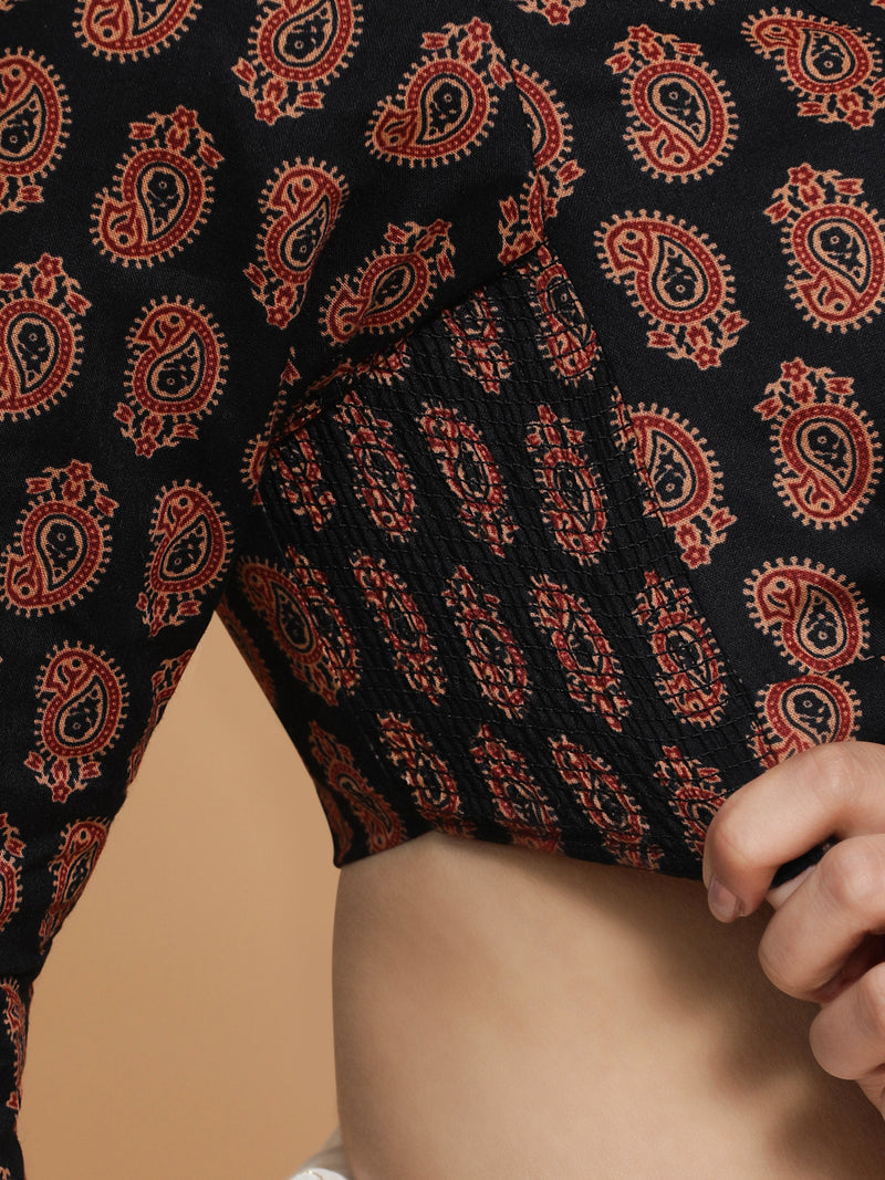 Inaaya x Rozaana | Three Quarter Sleeves Cotton Saree Blouse in Black Mango Block Print Fabric-Binks