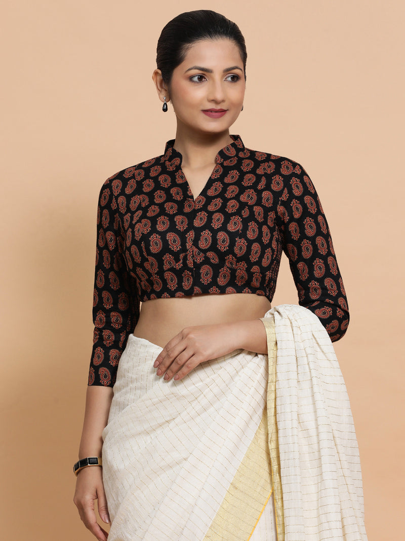 Inaaya x Rozaana | Three Quarter Sleeves Cotton Saree Blouse in Black Mango Block Print Fabric-Binks